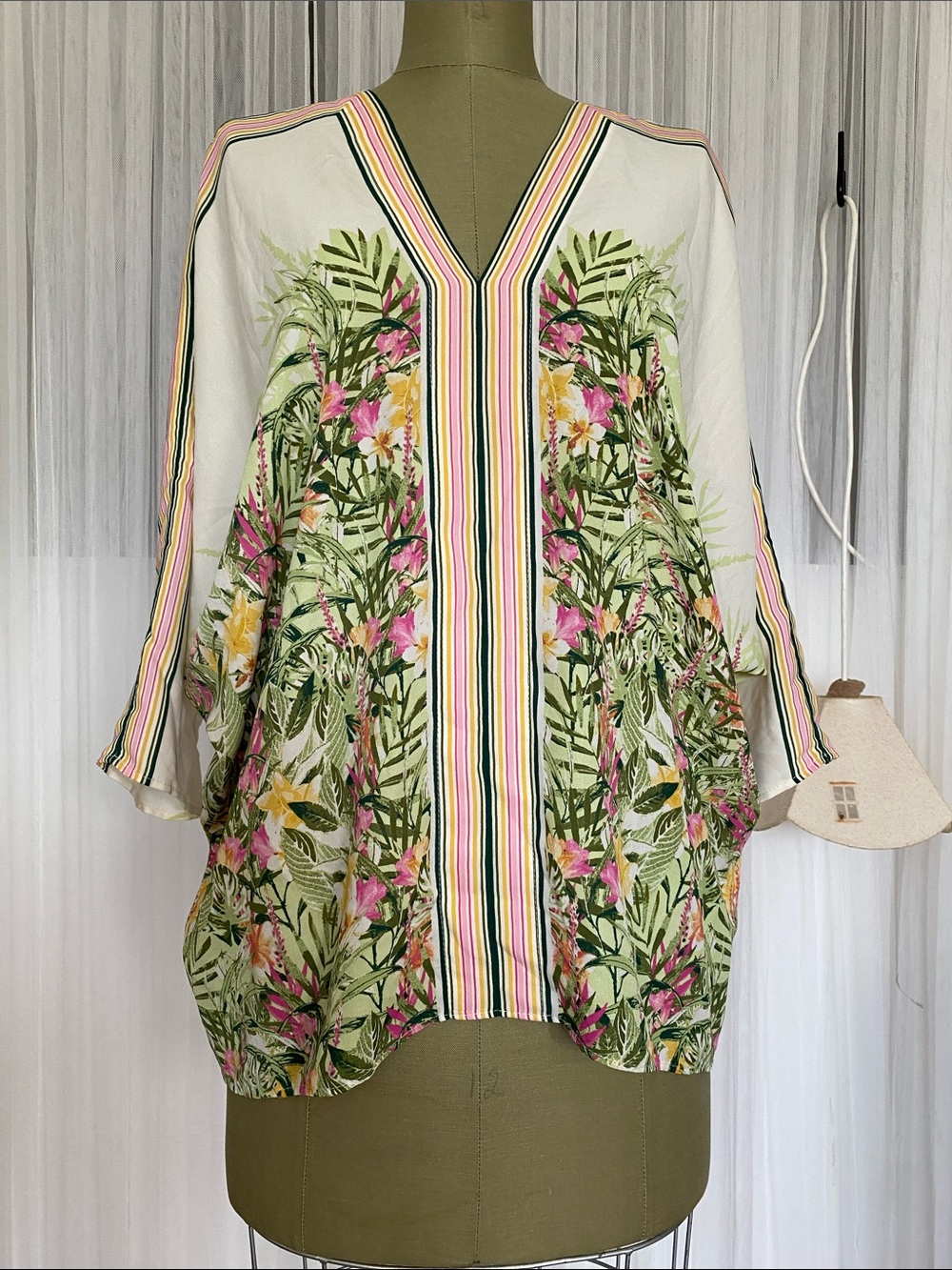 Rose & Olive Cream Blouse with Pink, Green & Yellow Accents Size L